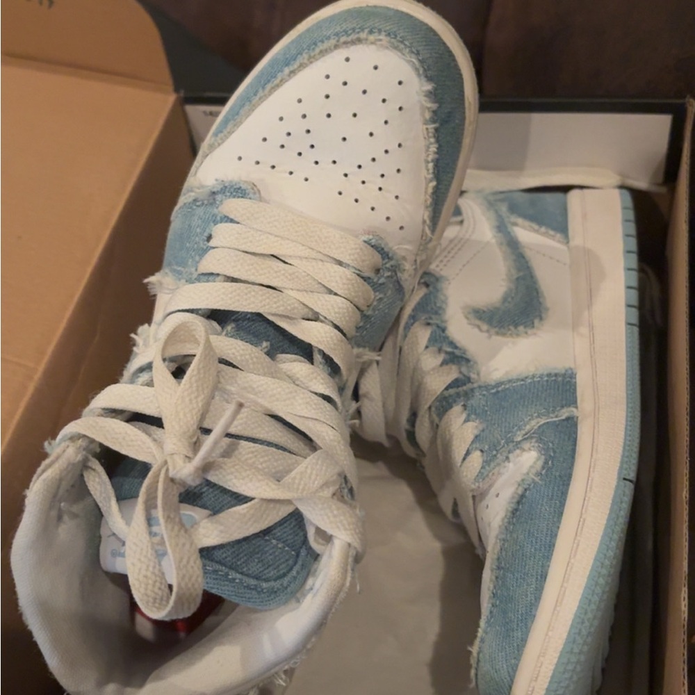 Authentic Retro Jordan 1 Denim Blue and White High-Top Sneakers